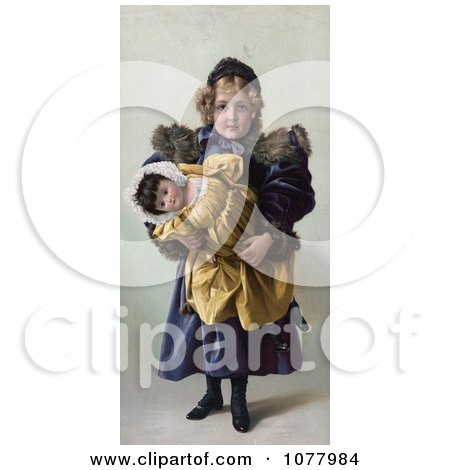 Innocent Little Girl Holding Her Toy Doll - Royalty Free Historical Clip Art  by JVPD
