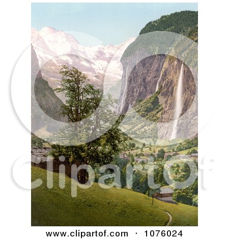 Lauterbrunnen and Staubbach Falls, Interlaken, Berne, Bernese Oberland, Switzerland - Royalty Free Stock Photography  by JVPD