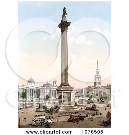Nelson’s Column, Statue of King George IV, St. Martin-in-the-Fields Church, and the National Gallery in Trafalgar Square London, England - Royalty Free Stock Photography  by JVPD