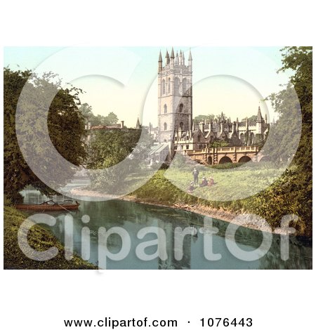 People on the Bank of the River Cherwell Near the Magdalen Great Tower in Oxford Oxfordshire England - Royalty Free Stock Photography  by JVPD