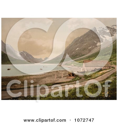 Photochrom of a Boat and House on Shore, Ulsfjorden, Kjosen, Norway - Royalty Free Historical Stock Photography by JVPD