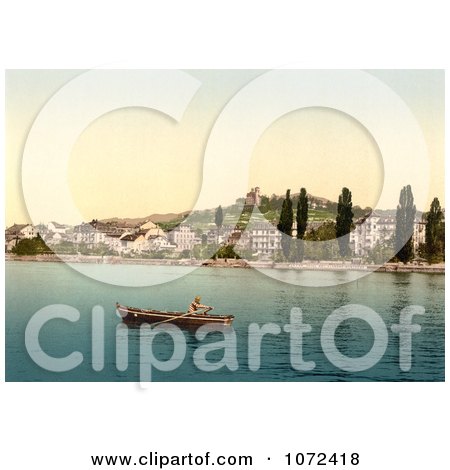 Photochrom of a Boat on Geneva Lake at Clarens - Royalty Free Historical Stock Photography by JVPD