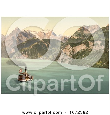 Photochrom of a Boat on Lake Lucerne, Switzerland - Royalty Free Historical Stock Photography by JVPD