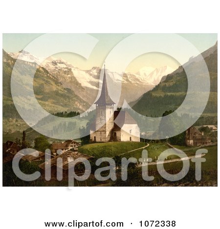 Photochrom of a Church and Swiss Alps, Frutigen, Switzerland - Royalty Free Historical Stock Photography by JVPD