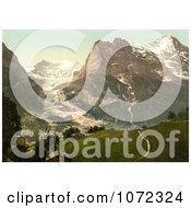 Photochrom Of A Church With A View Of Eiger Mountain Baregg Glacier Royalty Free Historical Stock Photography by JVPD