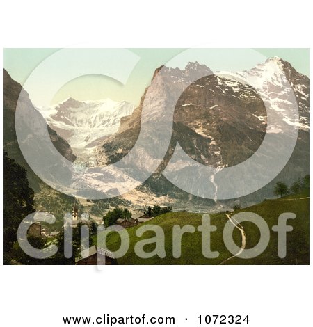Photochrom of a Church With a View of Eiger Mountain Baregg Glacier - Royalty Free Historical Stock Photography by JVPD