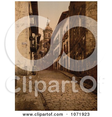 Photochrom of a Cobbled Street Scene in Fuenterrabia, Spain - Royalty Free Historical Stock Photo by JVPD