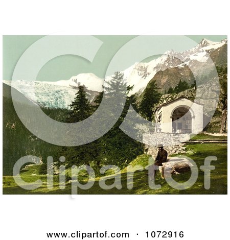 Photochrom of a Man Seated Near a Chapel in the Swiss Alps - Royalty Free Historical Stock Photography by JVPD