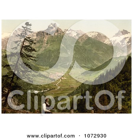 Photochrom of a Man Viewing Engelberg Valley - Royalty Free Historical Stock Photography by JVPD