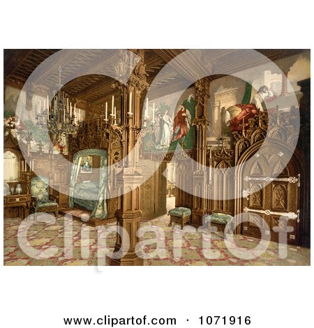 Photochrom of a Neuschwanstein Castle Bedroom, Germany - Royalty Free Historical Stock Photo by JVPD