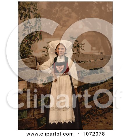 Photochrom of a Norwegian Woman by a Fence - Royalty Free Historical Stock Photography by JVPD
