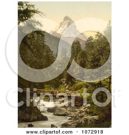 Photochrom of a Person Crossing Vispach Bridge, Matterhorn Mountain - Royalty Free Historical Stock Photography by JVPD