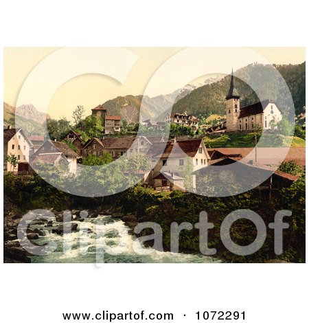 Photochrom of a River and Homes in Burglen, Switzerland - Royalty Free Historical Stock Photography by JVPD