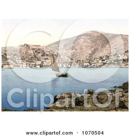 Photochrom of a Sailboat Near the Village of Lesina on Lesina Lake, Foggia, Puglia, Dalmatia - Royalty Free Historical Stock Photography by JVPD