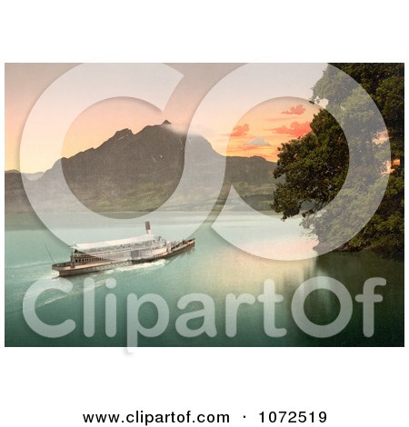 Photochrom of a Ship on Lake Lucerne at Sunset - Royalty Free Historical Stock Photography by JVPD