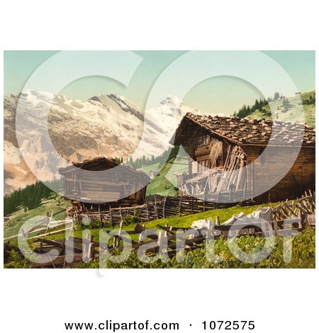Photochrom of a Swiss House Near Mountains - Royalty Free Historical Stock Photography by JVPD