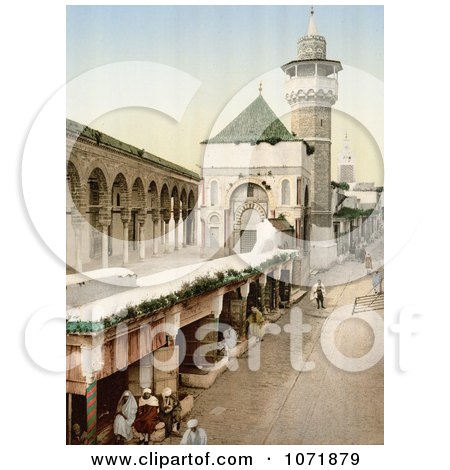 Photochrom of a Tower and People at Sadiky Hospital in Tunis, Tunisia - Royalty Free Historical Stock Photo by JVPD