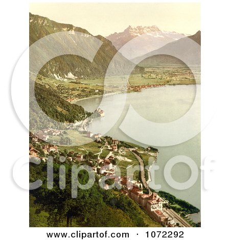 Photochrom of a Village on Geneva Lake - Royalty Free Historical Stock Photography by JVPD
