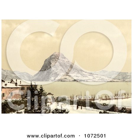Photochrom of a Winter Scene on Lake Lugano, Switzerland - Royalty Free Historical Stock Photography by JVPD