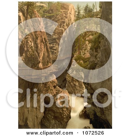 Photochrom of a Wooden Walkway Path in Gorner Gorge, Switzerland - Royalty Free Historical Stock Photography by JVPD