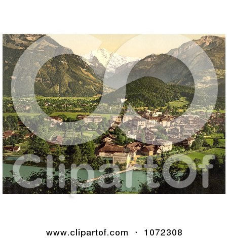 Photochrom of Aare River, Interlaken and Jungfrau in Switzerland - Royalty Free Historical Stock Photography by JVPD