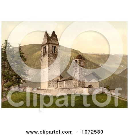 Photochrom of an Old Church, Celerina, Schlarigna, Switzerland - Royalty Free Historical Stock Photography by JVPD