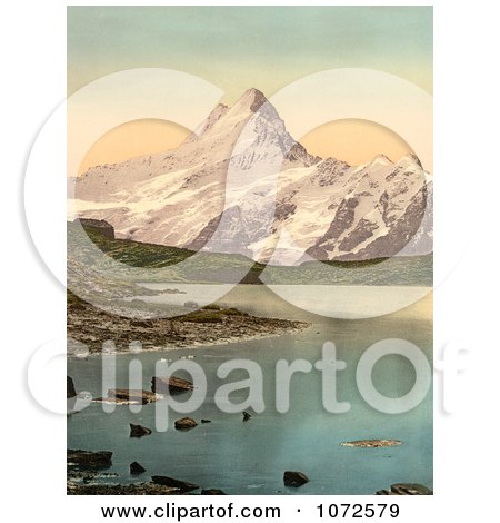 Photochrom of Bach Alps Lake and Schreckhorn - Royalty Free Historical Stock Photography by JVPD