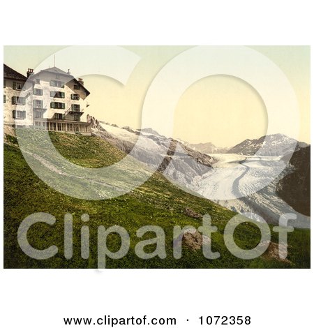 Photochrom of Belalp Hotel and Aletsch Glacier, Switzerland - Royalty Free Historical Stock Photography by JVPD