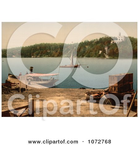 Photochrom of Boats and People in Oscarshal - Royalty Free Historical Stock Photography by JVPD