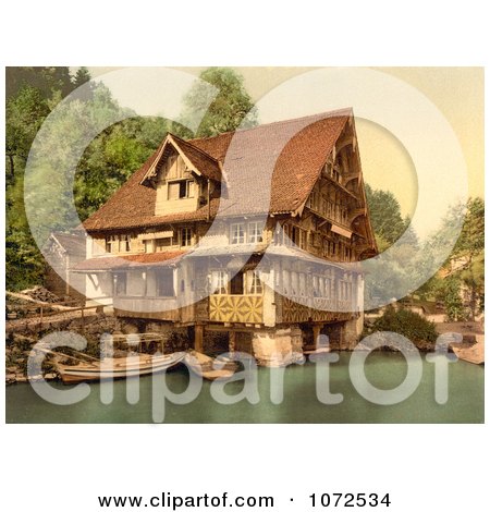 Photochrom of Boats by a House in Switzerland - Royalty Free Historical Stock Photography by JVPD