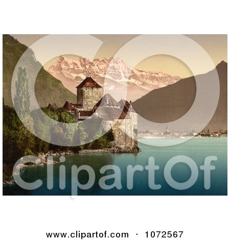 Photochrom of Chillon Castle in Switzerland - Royalty Free Historical Stock Photography by JVPD