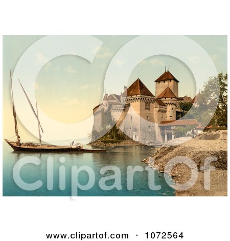 Photochrom of Chillon Castle on Geneva Lake, Switzerland - Royalty Free Historical Stock Photography by JVPD
