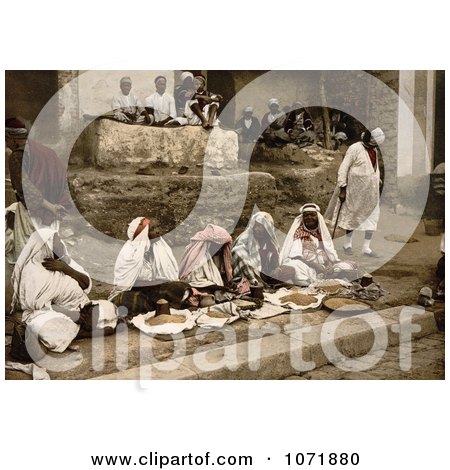 Photochrom of Couscous Vendors Sitting Cross Legged at an Arabian Cafe, Tunis, - Royalty Free Historical Stock Photo by JVPD