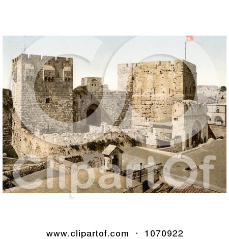 Photochrom of David and Hippicus Towers in Jerusalem, Israel - Royalty Free Historical Stock Photo by JVPD