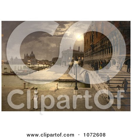 Photochrom of Doges’ Palace and St. Mark’s at Night - Royalty Free Historical Stock Photography by JVPD