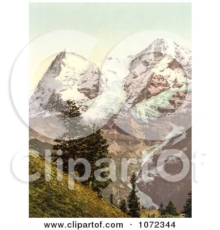 Photochrom of Eiger and Monch Mountains in the Swiss Alps - Royalty Free Historical Stock Photography by JVPD