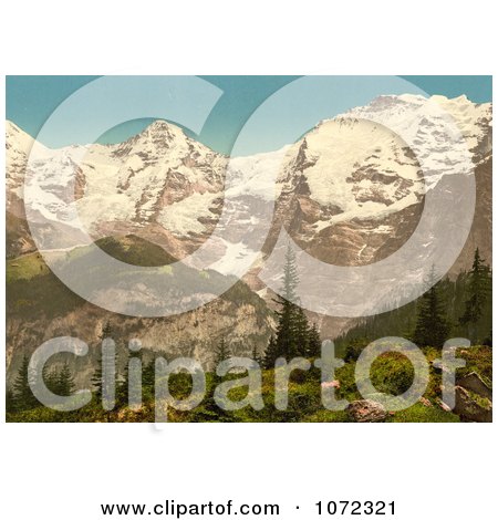 Photochrom of Eiger, Monch and Jungfrau Mountains - Royalty Free Historical Stock Photography by JVPD