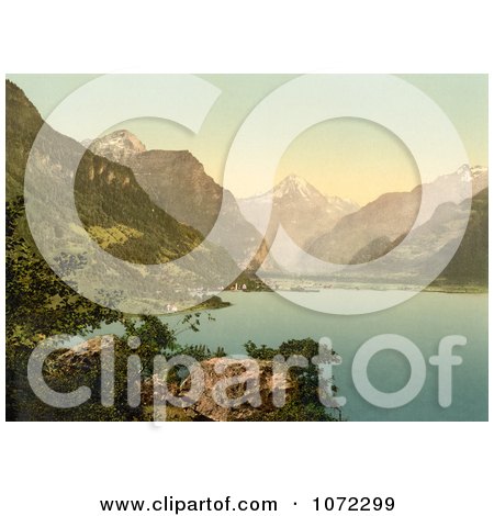 Photochrom of Fluelen on Lake Lucerne, Switzerland - Royalty Free Historical Stock Photography by JVPD