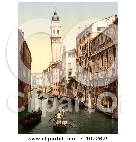Photochrom of Gondolas and Waterfront Buildings, Venice - Royalty Free Historical Stock Photography by JVPD