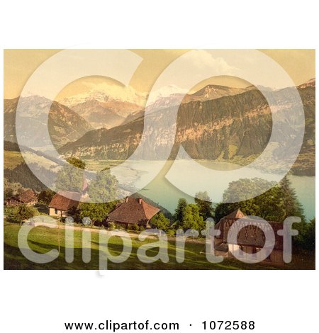 Photochrom of Homes, Church, Lake Thun and Mountains, Switzerland - Royalty Free Historical Stock Photography by JVPD