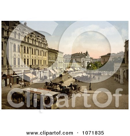 Photochrom of Horse Drawn Carriages and Trolly, Theaterplatz, Bukharest, Rouma - Royalty Free Historical Stock Photo by JVPD