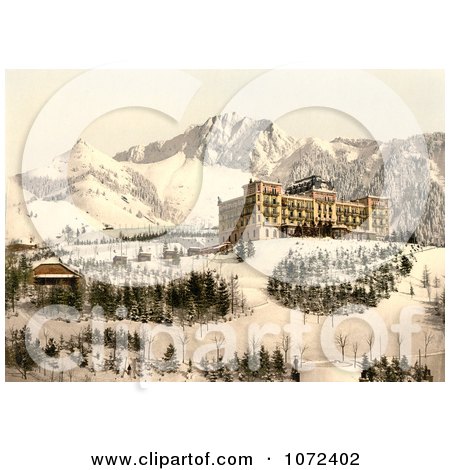 Photochrom of Hotel de Caux, ochers de Naye and Dent de Jaman in Winter - Royalty Free Historical Stock Photography by JVPD
