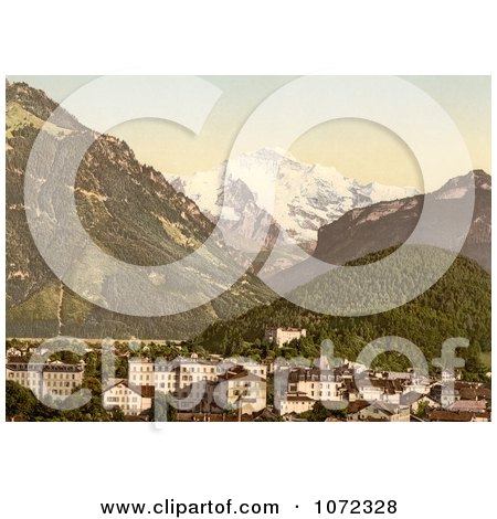 Photochrom of Interlaken and Jungfrau in Switzerland - Royalty Free Historical Stock Photography by JVPD