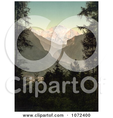 Photochrom of Jungfrau Mountain and Interlaken, Switzerland - Royalty Free Historical Stock Photography by JVPD