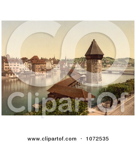 Photochrom of Kapellbrucke Chapel Bridge and Wasserturm, Lucerne, Switzerland - Royalty Free Historical Stock Photography by JVPD