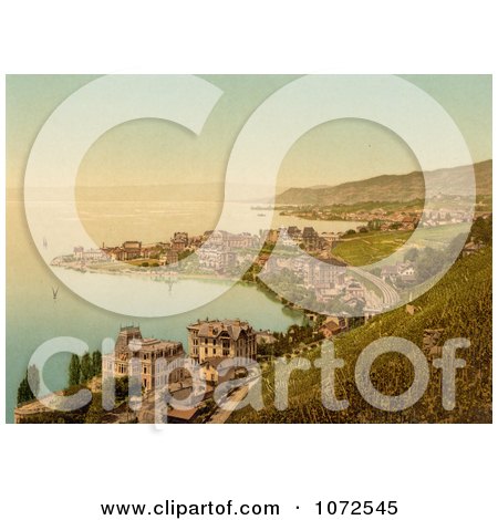 Photochrom of Lakefront Buildings, Montreux and Clarens, Switzerland - Royalty Free Historical Stock Photography by JVPD