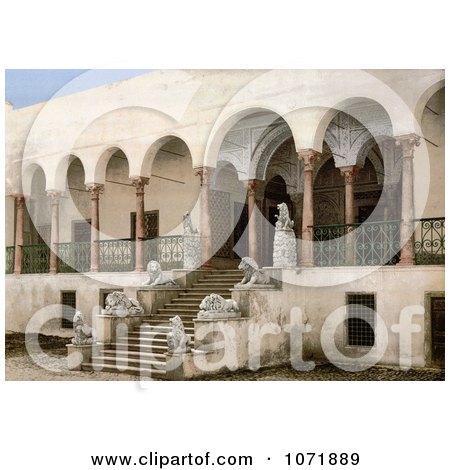 Photochrom of Lion Statues on Staircase at Bardo, Tunis, Tunisia - Royalty Free Historical Stock Photo by JVPD