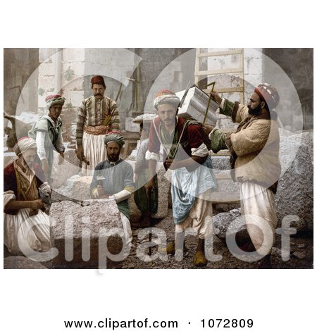 Photochrom of Male Stone Cutters in Jerusalem, Israel - Royalty Free Historical Stock Photography by JVPD