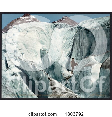 Photochrom of Man Climbing the Crevasse Formation in Illecillewaet Glacier Selkirk Mountains 1902 - Royalty Free Historical Stock Photography by JVPD
