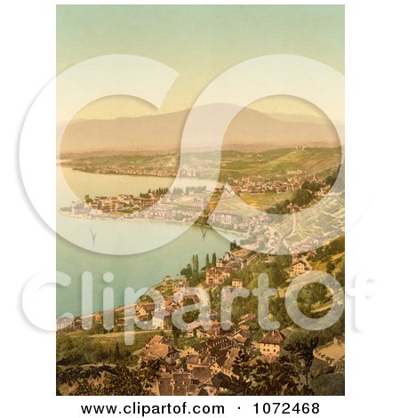 Photochrom of Montreux and Clarens, Lake Geneva, Switzerland - Royalty Free Historical Stock Photography by JVPD